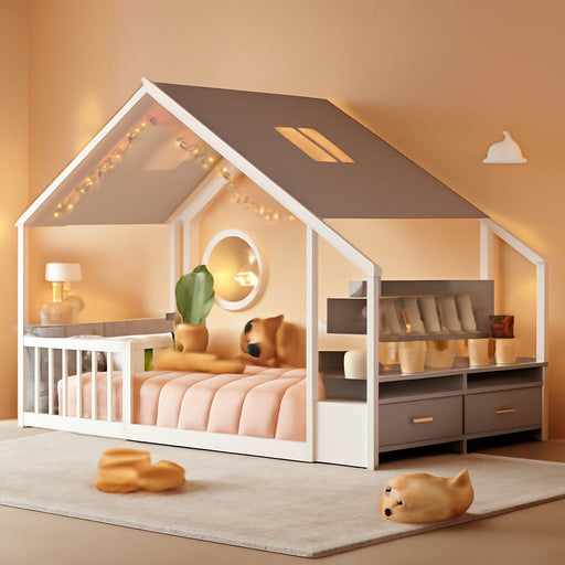 Montessori Floor Bed With White Guardrails Storage