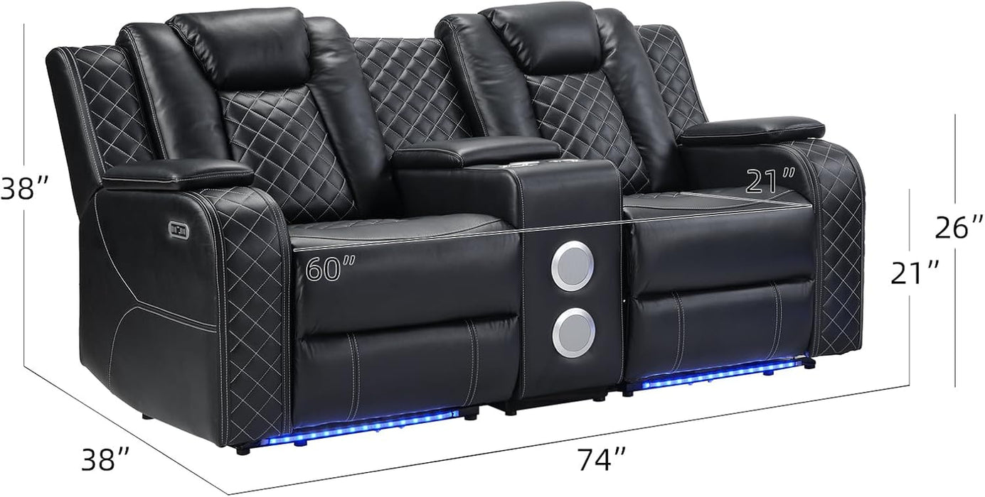 Home Theater Seating Seats, Power Loveseat Recliner Sofa with Center Console, Game Movie Reclining Couch with Ambient Lighting, Cup Holder, USB Ports, Bluetooth Speakers for Living Room, Black