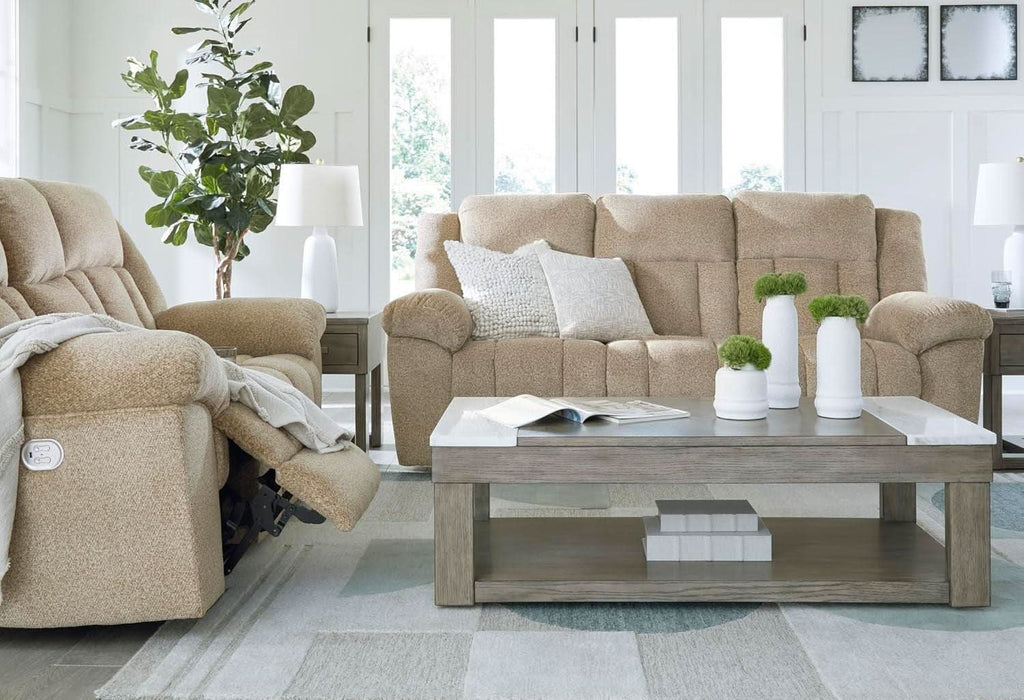 Tip-Off Classic Wall Hugger Power Reclining Sofa with Adjustable Headrest and USB Ports, Light Brown