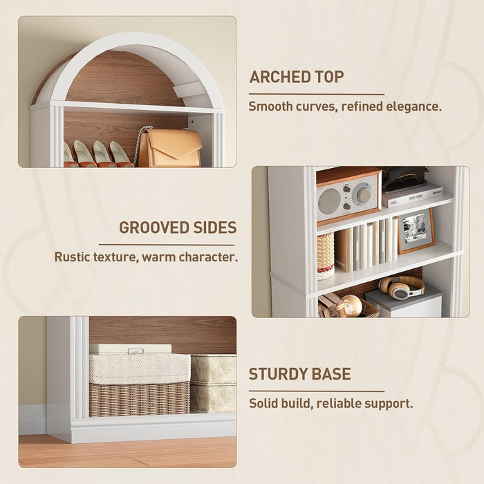 Arched Bookshelf, 75.8" Tall Arch Bookcase with Storage, 6-Tier Farmhouse Book Shelf, Arched Cabinet, Wooden Bookshelf with Open Display Shelves, Adjustable Shelf, Office, Walnut and White