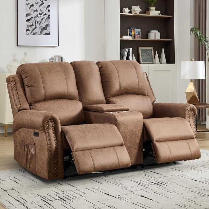 Power Reclining Loveseat, Faux Leather Double Recliner Sofa with Side Pocket, Center Console, Hidden Storage & Cup Holders, Vintage Rivet Mid-Century Modern Design for Living Room, Nut Brown