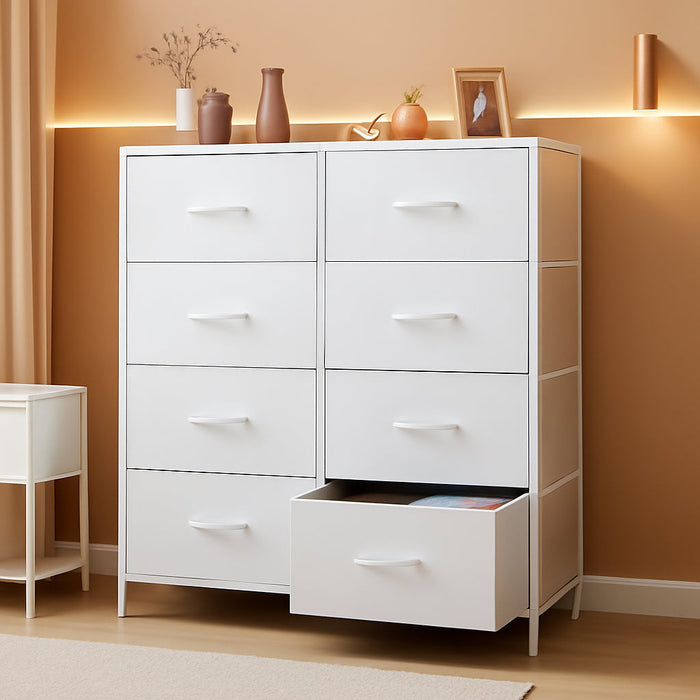 Dresser for Bedroom, Chest Organizer Unit with 8 Fabric Bins, Fabric Storage Tower, Drawer Organizer with Steel Frame, Wooden Top for Nursery, Living Room, Closet