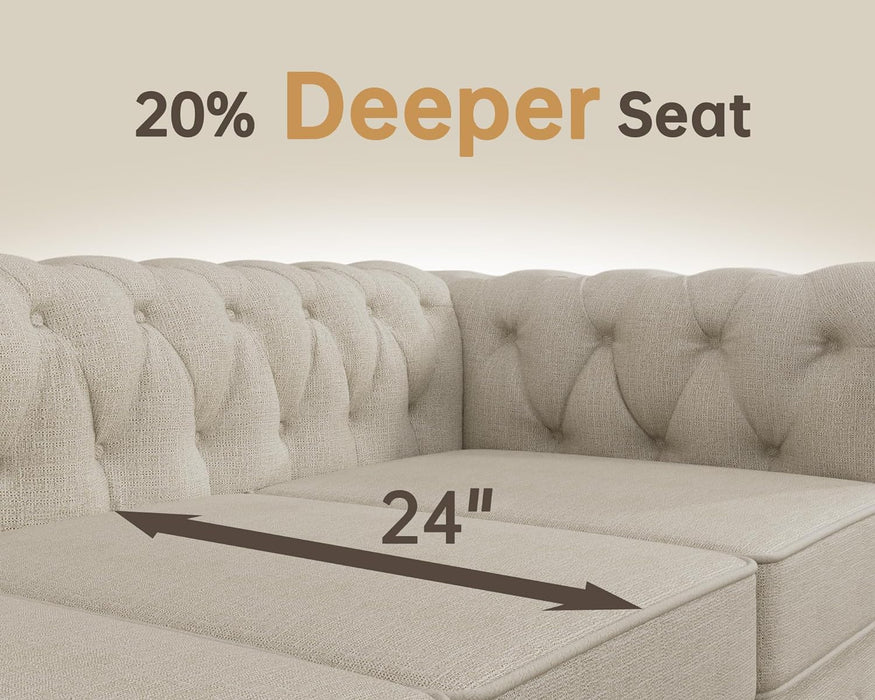 3 Piece Classic Chesterfield 6-Seater Set, Tufted Chair & Loveseat & Sofa Solid Wood Legs Thick Cushion, Pet-Friendly Couch Set Furniture for Living Room Bedroom Apartment, Linen Beige
