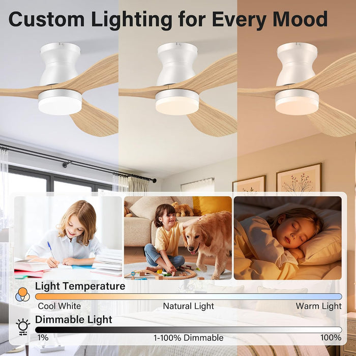 42In Wood Flush Mount Ceiling Fans with Lights Remote,Smart,Low Profile | Alexa/App Control,Easy Install,Quiet,Light Wood White,Hugger LED Ceiling Fan for Outdoor Indoor Porch Kitchen Bedroom,3 Blade
