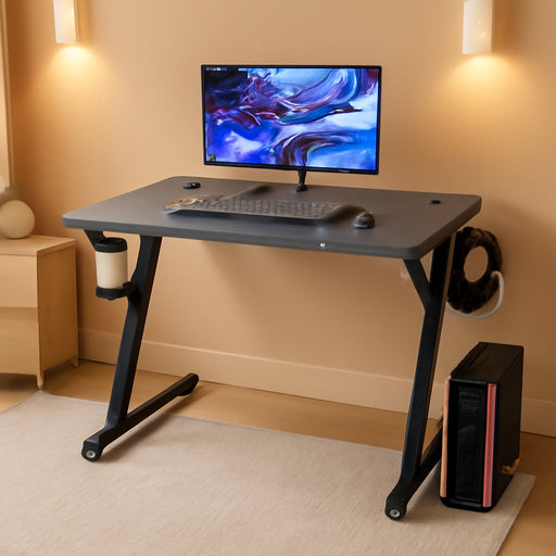 Gaming Computer Desk with Carbon Fiber Surface, Gaming Table Z Shaped Pc Home Office with Cup Holder&Headphone Hook(32 In, Grey)