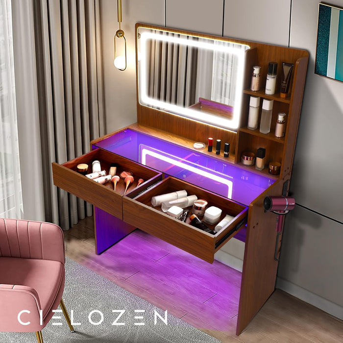 Illuminated LED Vanity Desk Glass Surface StorageDrawers