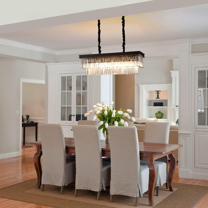 Crystal Chandelier for Dining Room,Rectangular Black Chandelier Modern Rectangle Pendant Light Fixtures for Kitchen Island L33” K9 Contemporary Long Chandelier