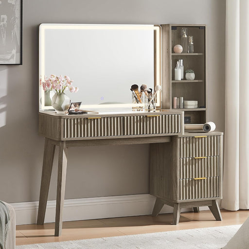 48" Fluted Makeup Vanity Desk with Large 36" Mirror and Lights, Modern Glass Top Big Vanity Table W/5 Drawers & Adjustable Shelves, Dressing Table W/Charging Station for Bedroom, Grey Alder