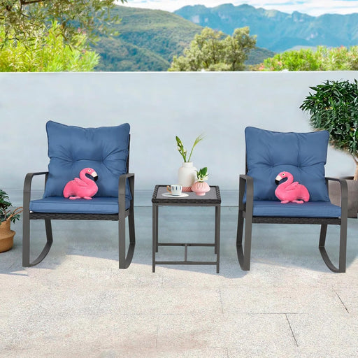 3 Pieces Patio Bistro Set Outdoor Rocking Chair W Cushion for Yard Garden Poolside (Blue)