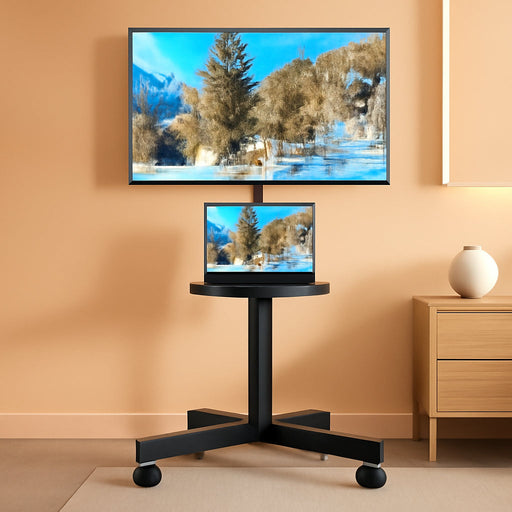 Strong Rolling TV Stand with Shelf for 23-60 Inch Tvs up to 88Lbs, Portable Mobile TV Cart with Silent Wheel, Tilt & Height Adjustable Universal Corner TV Stand for Bedroom, Living Room, Office