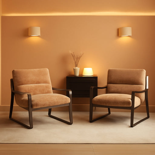 Mid-Century Accent Chair Set of 2, Comfy Chenille Fabric Side Chair with Armrest, Upholstered Leisure Chair with Bronze Metal Frame for Living Room Reception Room, Khaki