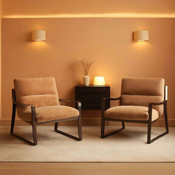 Mid-Century Accent Chair Set of 2, Comfy Chenille Fabric Side Chair with Armrest, Upholstered Leisure Chair with Bronze Metal Frame for Living Room Reception Room, Khaki