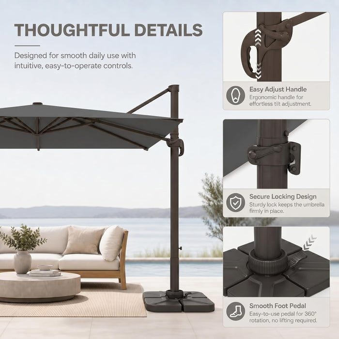 Cantilever Patio Umbrella, Large Square Outdoor Offset Umbrella with Aluminum Pole, 360-Degree Rotation for Garden, Deck, Pool