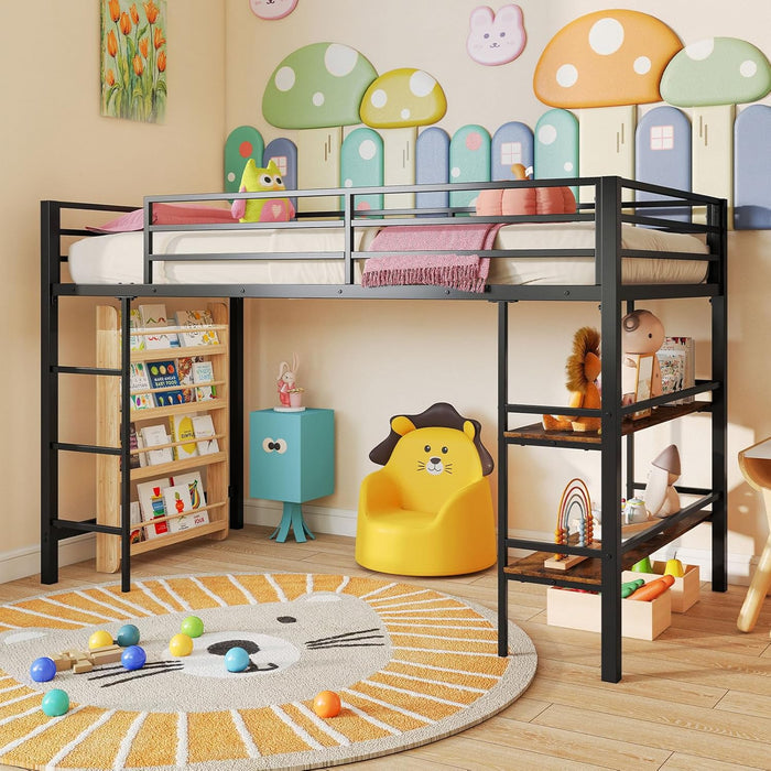 Low Loft Bed Twin Size, Heavy Duty Metal Frame W/Storage Shelves, Ladder & Full-Length Guardrails, Ample Under-Bed Space, Kids Loft Bed with Stairs for Boys Girls Junior, No Box Spring Needed