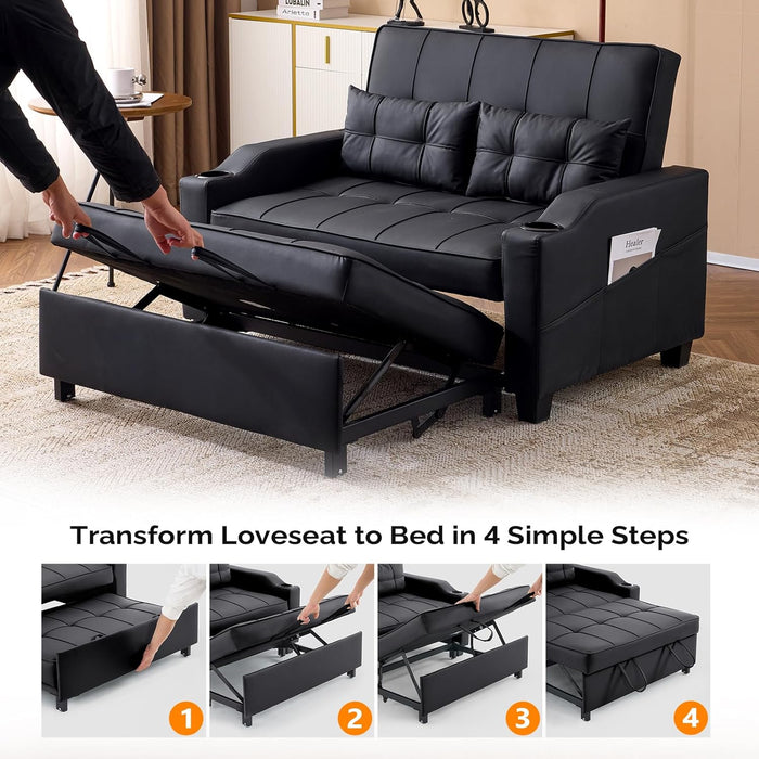 Black Leatherette Convertible Sleeper Sofa With USB