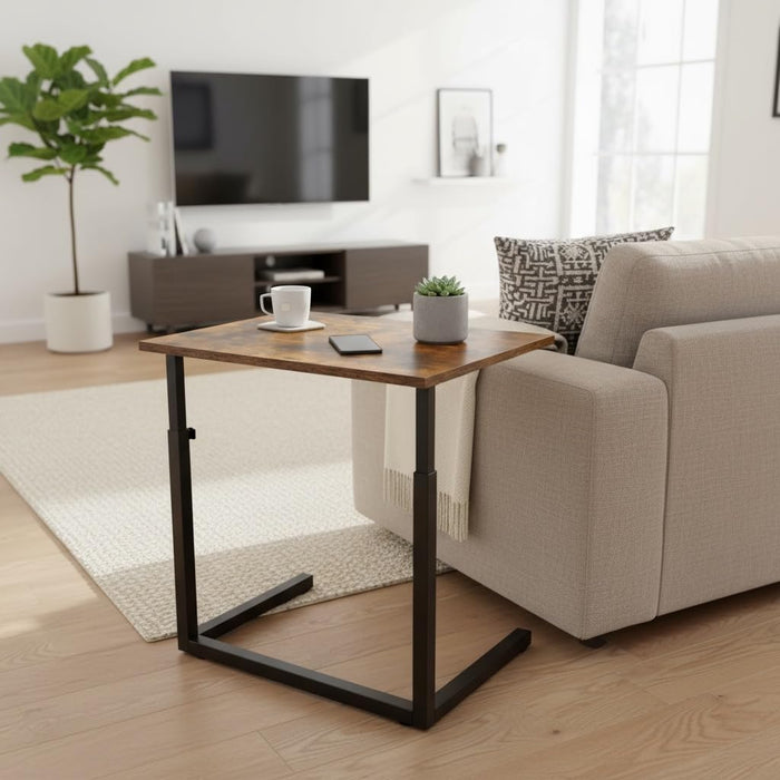 Height Adjustable C-Shaped Sofa Side Table, Laptop Table for Couch & Bed, Rustic Brown