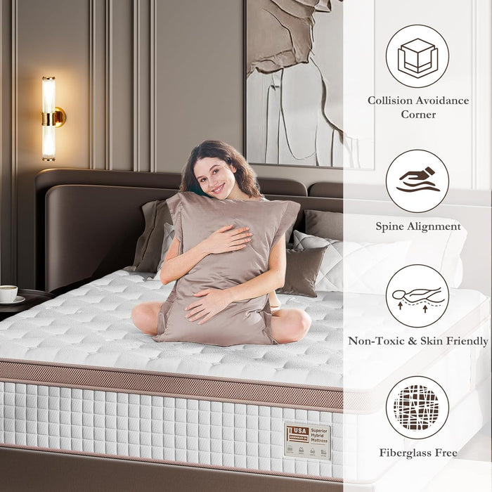 Queen Mattress 14 Inch - Premium Hybrid Mattress in a Box for Back & Lumbar Support, 366 Night Trial, Individual Pocket Spring Bed for Fiberglass-Free & Motion Isolation, Certipur-Us Certified