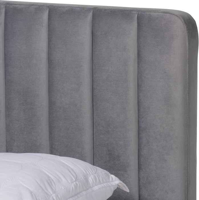 Nami Modern Contemporary Glam and Luxe Light Grey Velvet Fabric Upholstered and Gold Finished Queen Size Platform Bed
