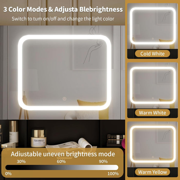 Large Vanity Table Set with 3 Opening Mirrors & LED Lights, Makeup Desk with 9 Drawers, 3 Hidden Cabinets and Charging Sockets, Upholstered Bedroom Stool