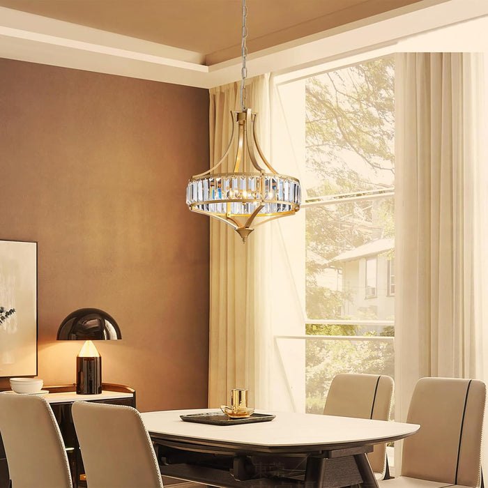 Modern Gold Crystal Chandeliers for Dining Room Pendant 4-Light Rustic Farmhouse Chandelier with round Metal Lampshade for Living Room Kitchen Island Hallway Bedroom Foyer
