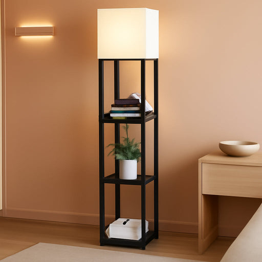 Floor Lamp with Shelves,Modern Dimmable Solid Wood Standing Lamp with 1 Drawer and 2 USB Ports & 2 Power Outlet,Corner Tall Bookshelf Lamp for Living Room and Bedroom(Black)