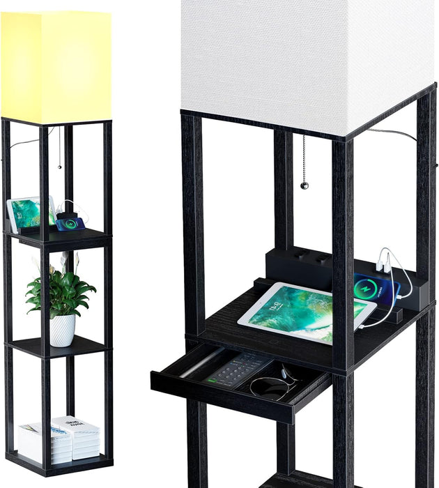 Floor Lamp with Shelves,Modern Dimmable Solid Wood Standing Lamp with 1 Drawer and 2 USB Ports & 2 Power Outlet,Corner Tall Bookshelf Lamp for Living Room and Bedroom(Black)