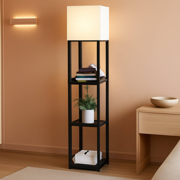Floor Lamp with Shelves,Modern Dimmable Solid Wood Standing Lamp with 1 Drawer and 2 USB Ports & 2 Power Outlet,Corner Tall Bookshelf Lamp for Living Room and Bedroom(Black)