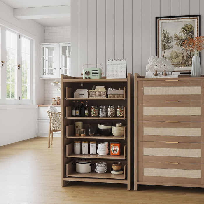 Boho Rattan Dresser 5 Drawers,46 Inch Tall Chest of Drawers for Bedroom Nursery Living Room, Modern Dresser Storage Cabinet for Nursery Living Room, Bedroom and Entryway Dark Oak