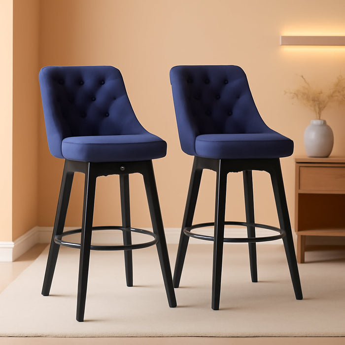 Bar Stools Set of 2, Swivel Barstools with Backs and Wood Legs, 27" Linen Fabric Upholstered Bar Chairs for Kitchen Island, Dining, Cafe, Pub（Blue）