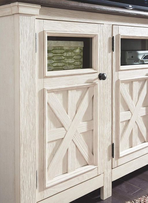Bolanburg Extra Large TV Stand, Fits Tvs up to 72", 3 Cabinets, Adjustable Storage Shelves, 74.13", Whitewash & 2-Tone Finish