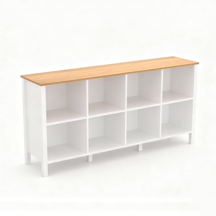 8-Cube Bookcase, Farmhouse Wooden Bookshelf Low Storage Organizer, 59" Horizontal White Console with Legs, Hallway Book Case for Entryway, Display Cabinet for Living Room (White, 8-Cube)