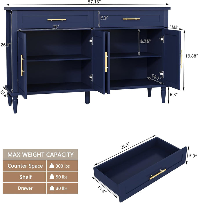 58 Inch Sideboard Buffet Cabinet with Storage, Fluted Buffet Storage Cabinet with 2 Drawers and 4 Doors, Modern Coffee Bar with Adjustable Shelves for Living Room, Kitchen (Blue)