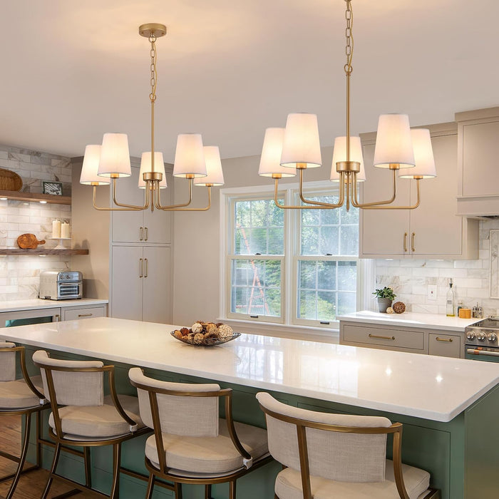 Farmhouse Chandelier, 5-Lights Visual Comfort Gold Light, Muted Gold with White Fabric Shade, Linear Island Lighting Fixture for Kitchen, Dining Room