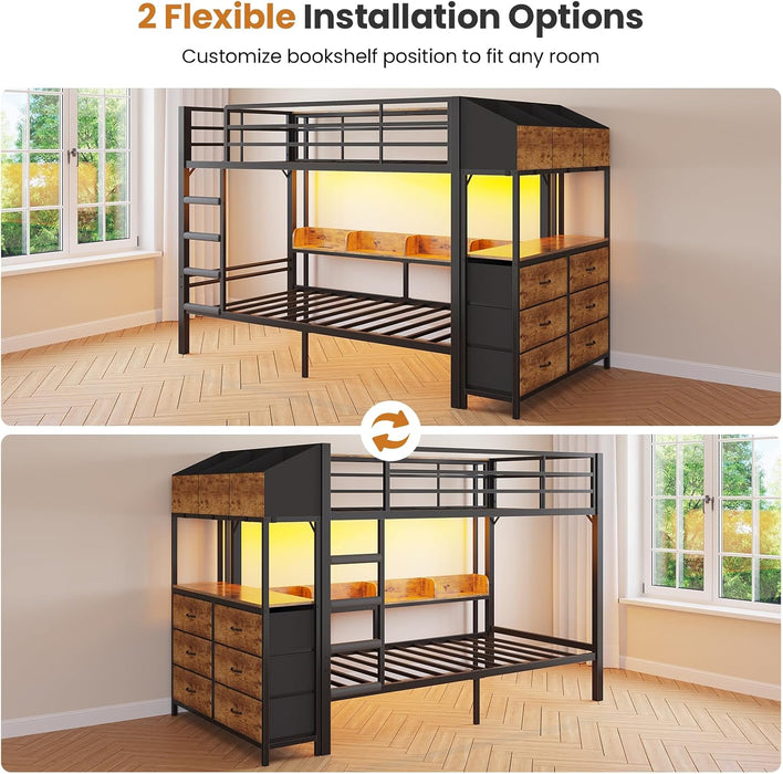 Twin over Twin Bunk Bed with 6 Storage Drawers,Led Lights and Charging Station Metal Bunk Beds with Side Bookcase,3 Storage Boxes &Shelf,L-Shaped Bunk Bed with Safety Guardrail and Ladder,Black