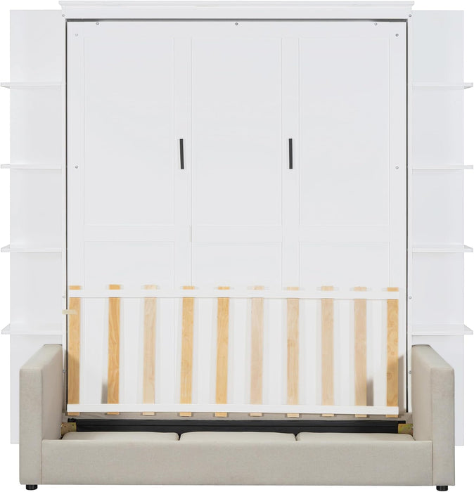 Murphy Bed, Queen Size Wooden Wall Bed with Sofa for Bedroom, Wood Slat Support, No Box Spring Needed, Easy Assembly, White