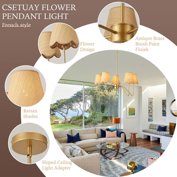 28" Rattan Chandelier, Large Modern Pendant Light Fixtures with Flower Shades Antique Brass Brush Paint Finish for Dining Room, Kitchen Island, Foyer, Living Room 5-Light