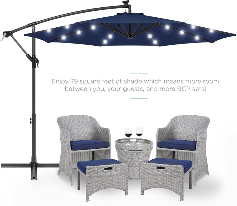 10Ft Solar LED Offset Cantilever Hanging Market Patio Umbrella, 8 Sturdy Ribs, Easy Adjustment - Navy Blue