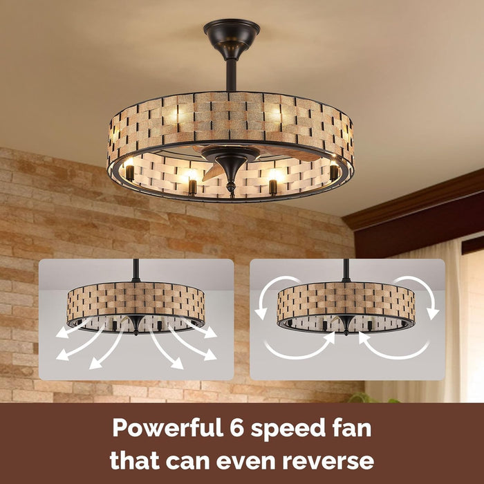 24" Caged Ceiling Fan with Lights, 2 Ways Control(App&Remote Control), Light Kit Included(8 Bulbs), Modern Farmhouse