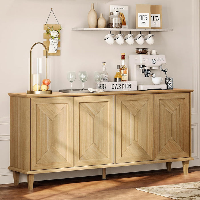 65-Inch Handcrafted Patchwork Decorative Buffet Cabinet with Pop-Up Design Doors,Full Unit Modern Modern Farmhouse Accent Credenza for Coffee Bar, Kitchen, and Living Room, Natural Oak