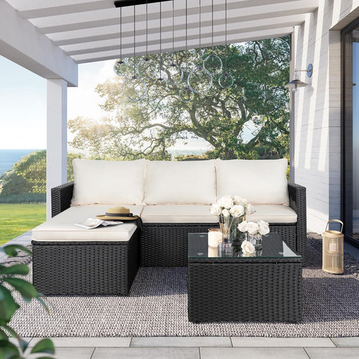 Patio Furniture Set with Detachable Soft Cushions, All Weather Outdoor PE Rattan Patio Conversation Sofa Set, 3-Piece Patio Sectional Sofa with Glass Coffee Table & Ottoman, Black Rattan/White