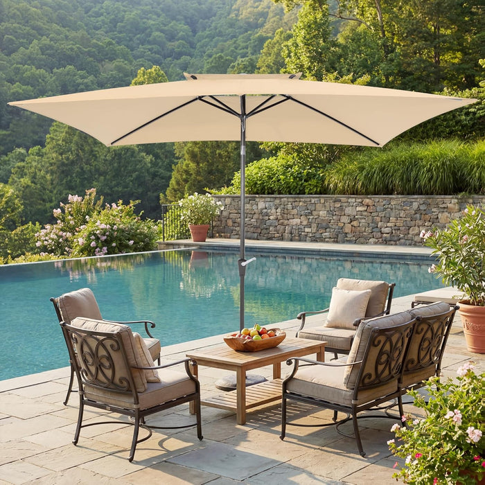 6.6 X 10 Ft Rectangular Patio Umbrella, Outdoor Market Table Umbrella with Push Button Tilt and Crank, Double-Tier Vent, 6 Ribs, Rectangle Patio Umbrella for Backyard, Deck, Pool, Fits 4–6 Chairs and Tables (Beige)