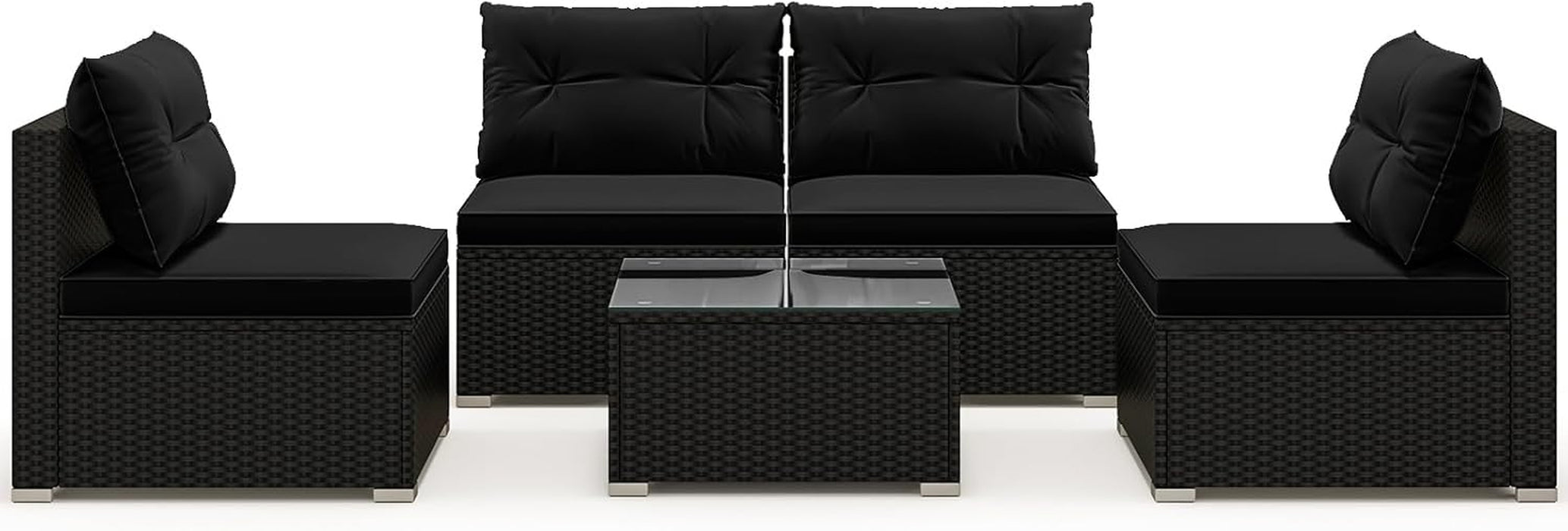 5-Piece Outdoor Patio Furniture Set, Rattan Sectional Sofa Set W/Glass-Top Coffee Table, Soft Seat & Back Cushions, Bistro Set for Garden Backyard Porch, Wicker Conversation Set (Black)