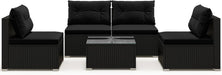 5-Piece Outdoor Patio Furniture Set, Rattan Sectional Sofa Set W/Glass-Top Coffee Table, Soft Seat & Back Cushions, Bistro Set for Garden Backyard Porch, Wicker Conversation Set (Black)