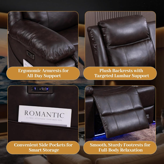 Power Reclining Sofa with Colorful LED Lights, Wall Hugger Reclining Sofa, Space-Saving RV Sofa with USB Charging & Side Pocket for Living Room, Apartment (Brown, Sofa) | Wall Hugger, LED Lights, RV Sofa