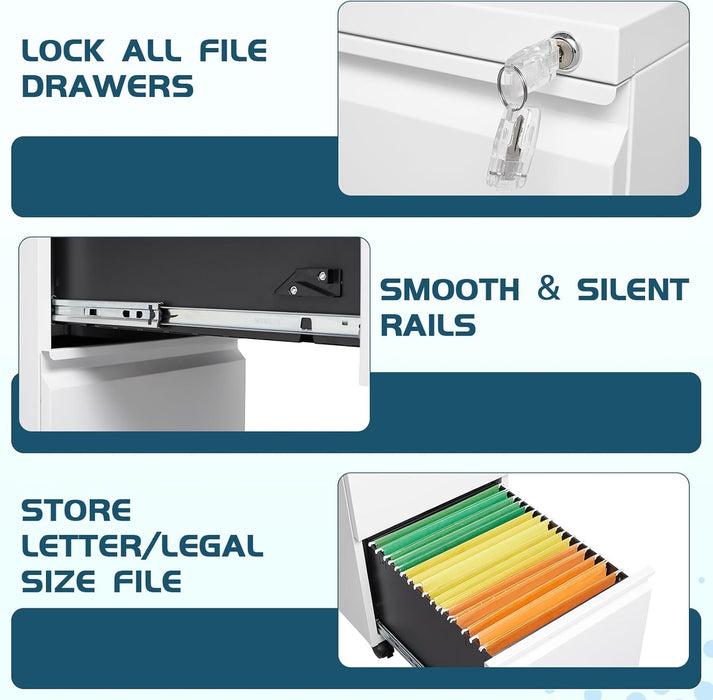 2 Drawer File Cabinet with Lock, Home Office Filing Cabinets on Wheels, under Desk 2 Drawers Storage for Legal/Letter/A4 Files,Fully Assembled