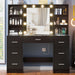 Black Vanity Desk with Mirror and Lights, 3 Lighting Modes Brightness Adjustable, Makeup Vanity Table with 7 Drawers, 6 Shelves and Power Outlet, Girls Vanity, Dressing Table for Bedroom