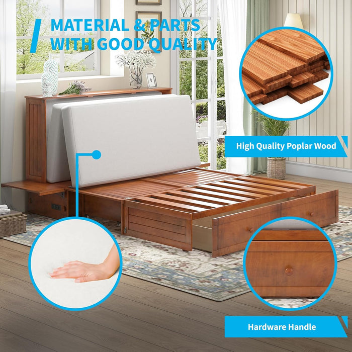 Queen Murphy Bed, Murphy Cabinet Bed with Tri-Folding Mattress and 2 Storage Drawers, Modern Cube Cabinet Beds with Built-In USB Charging Station for Living Room/Apartment, Cherry