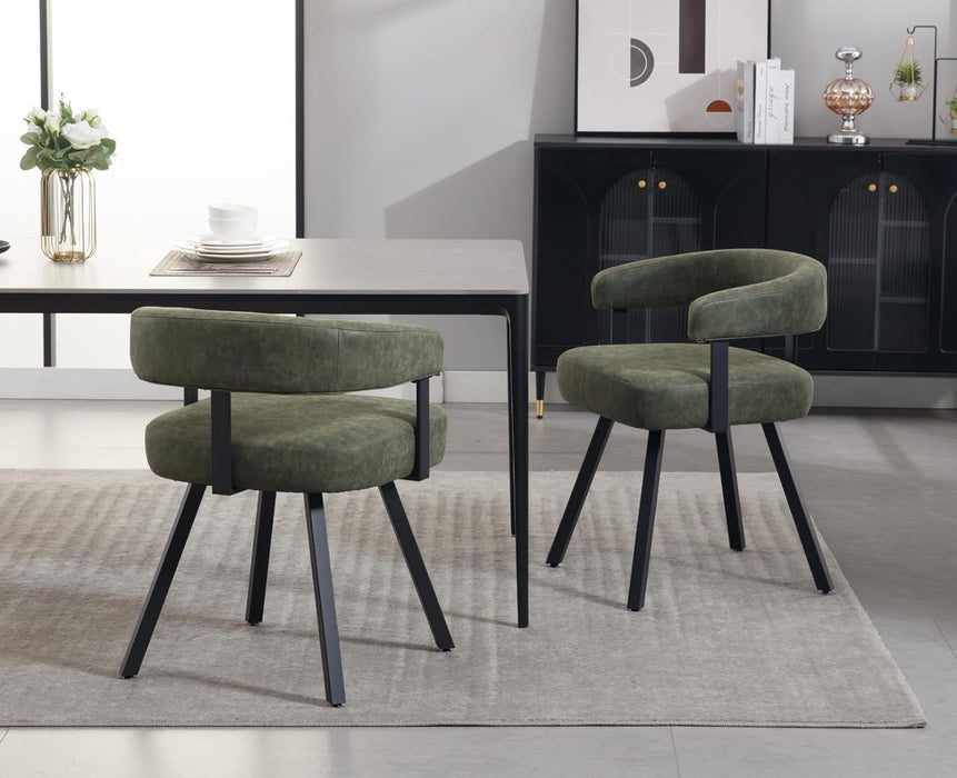 Modern Green Leather Dining Chairs Set of 2 Upholstered Barrel Dining Room Chairs Comfy Kitchen Chairs Armless Side Chair with Curved Open Back for Living Room/Restaurant,Pu