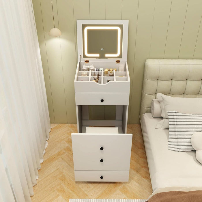 Small Vanity Desk Set, Makeup Vanity Table with Flip-Up Lighted Mirror, Storage Bench, 2 Drawers, 8 Wheels, White Girls Dressing Table Nightstand for Small Space Bedroom
