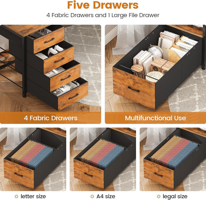 Home Office Desk with File Drawer & Power Outlet, 75'' Large Computer Desk with 5 Drawer, Storage Shelves, Monitor Shelf and Led Lights, 23.6" W Desktop Gaming Desk, Rustic Brown